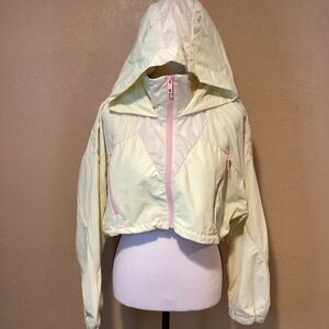 Zara Cropped Raincoat Windbreaker, Yellow Hooded, Pink Details, Size Medium